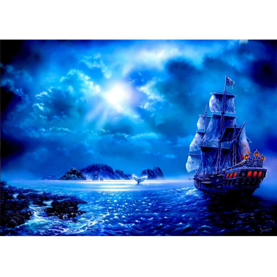 Diamantové malování - Loď v modrém úplňku - č. 252 40x30 cm