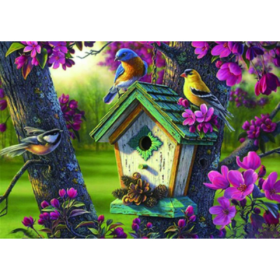 Diamantové malování - Budka s ptačky - č. 414 40x50 cm