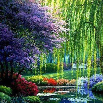 Diamantové malování - Zahrada s lavičkou - č. 534 40x40 cm