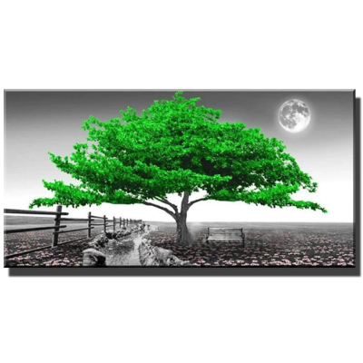 Diamantové malování - Zelený strom v čb krajině - č. 547...