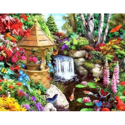 Diamantové malování - Studna v rozkvetlé zahradě - č. 571...