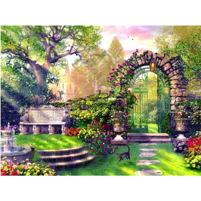 Diamantové malování - Zahrada s kočičkou - č. 584 40x50 cm