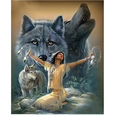 Diamantové malování - Indián s vlky - č. 588 30x40 cm