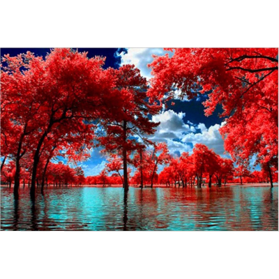 Diamantové malování - Červené stromy nad jezerem - č. 623...