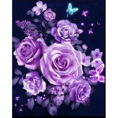 Diamantové malování - Fialové květy s tyrkysovým motýlem...