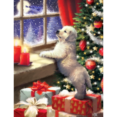 Diamantové malování - Štěně pod vánočním stromečkem - č....