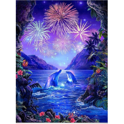 Diamantové malování - Ohňostroj a delfíni - č. 755 35x45 cm