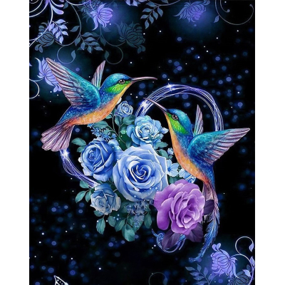 Diamantové malování - Ptáčci s květy - č. 823 65x45 cm