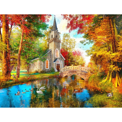 Diamantové malování - Kostelík u řeky - č. 830 65x85 cm