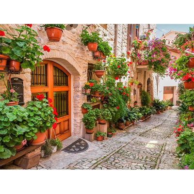 Diamantové malování - Ulička s muškáty - č. 838 40x50 cm