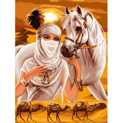 Diamantové malování - Beduínka s koněm - č. 840 35x45 cm