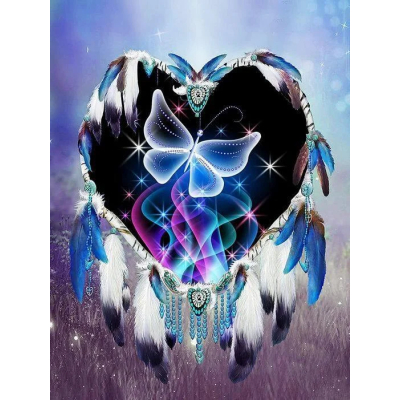 Diamantové malování - Srdce s motýlem a pírka č. 995