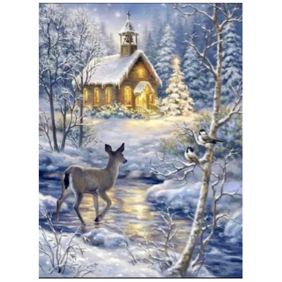 Diamantové malování - Srna u zasněženého kostela č. 1010