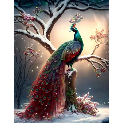 Diamantové malování - Barevný páv na zasněženém stromě č....