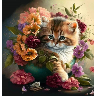Diamantové malování - Kotě v květech č. 1038