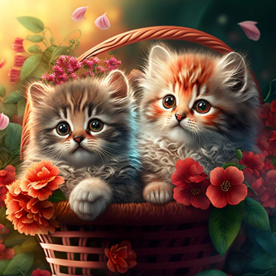 Diamantové malování - Koťata v košíku s květinami č. 1050