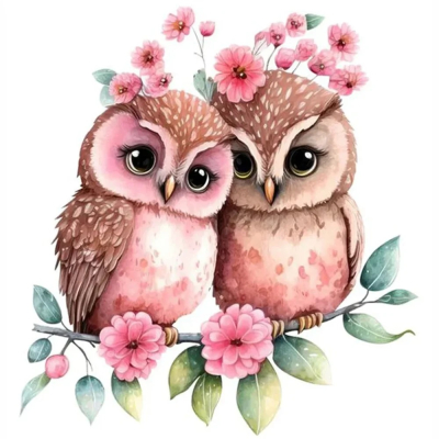 Diamantové malování - Sovičky s kvítím č. 1078