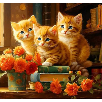 Diamantové malování - Koťata a květy č. 1114 - 75x75cm