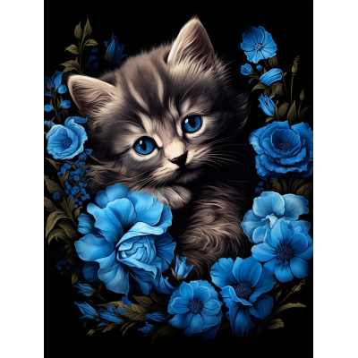 Diamantové malování - Kočka v modrých květech č. 1104 -...